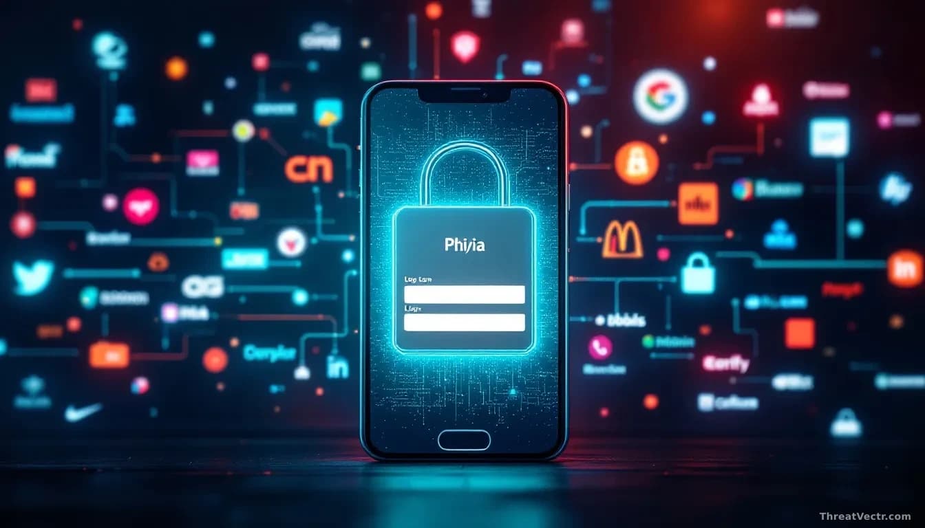 A digital illustration showing a phishing attack with a fake login page on a smartphone screen, depicting a large network of connected corporate logos in the ba