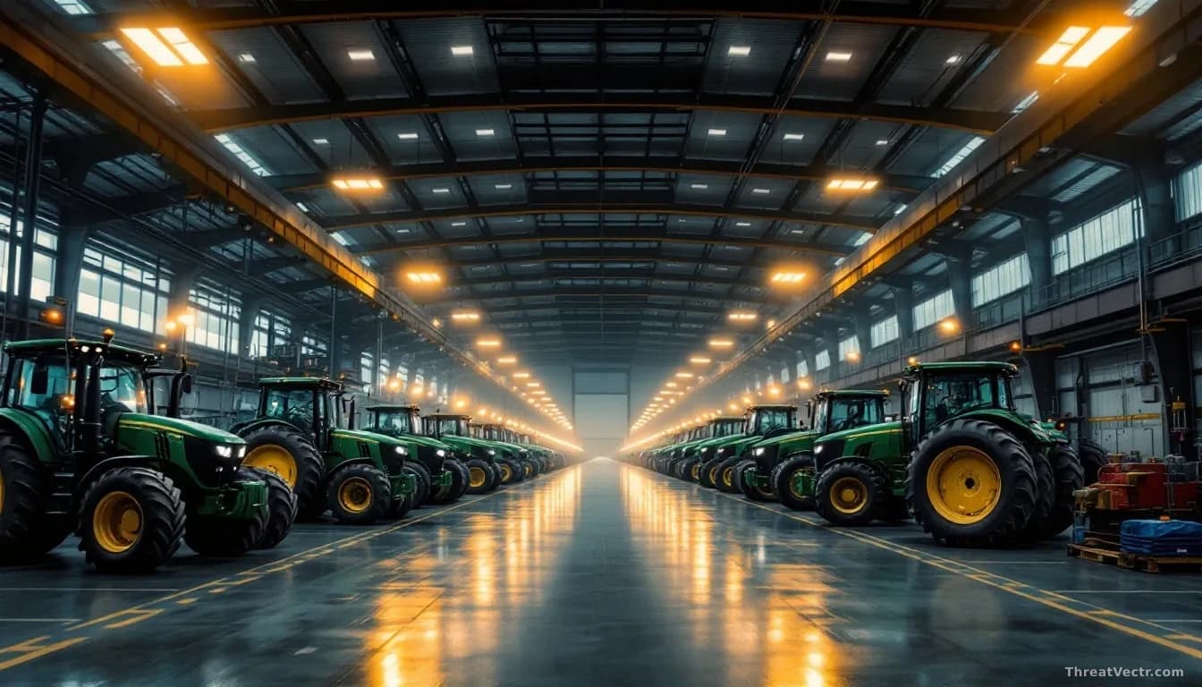 Photoreal editorial photograph of a large empty industrial tractor assembly hall at dusk, warm overhead lights on green paint bays, no visible logos or text, wi