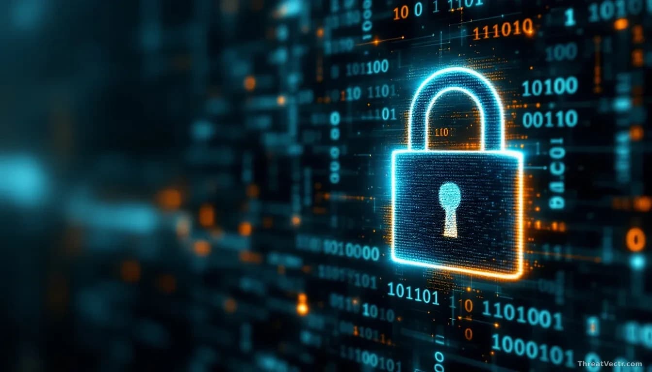 A digital landscape showing a lock symbol over a background of binary code, symbolizing ransomware attacks