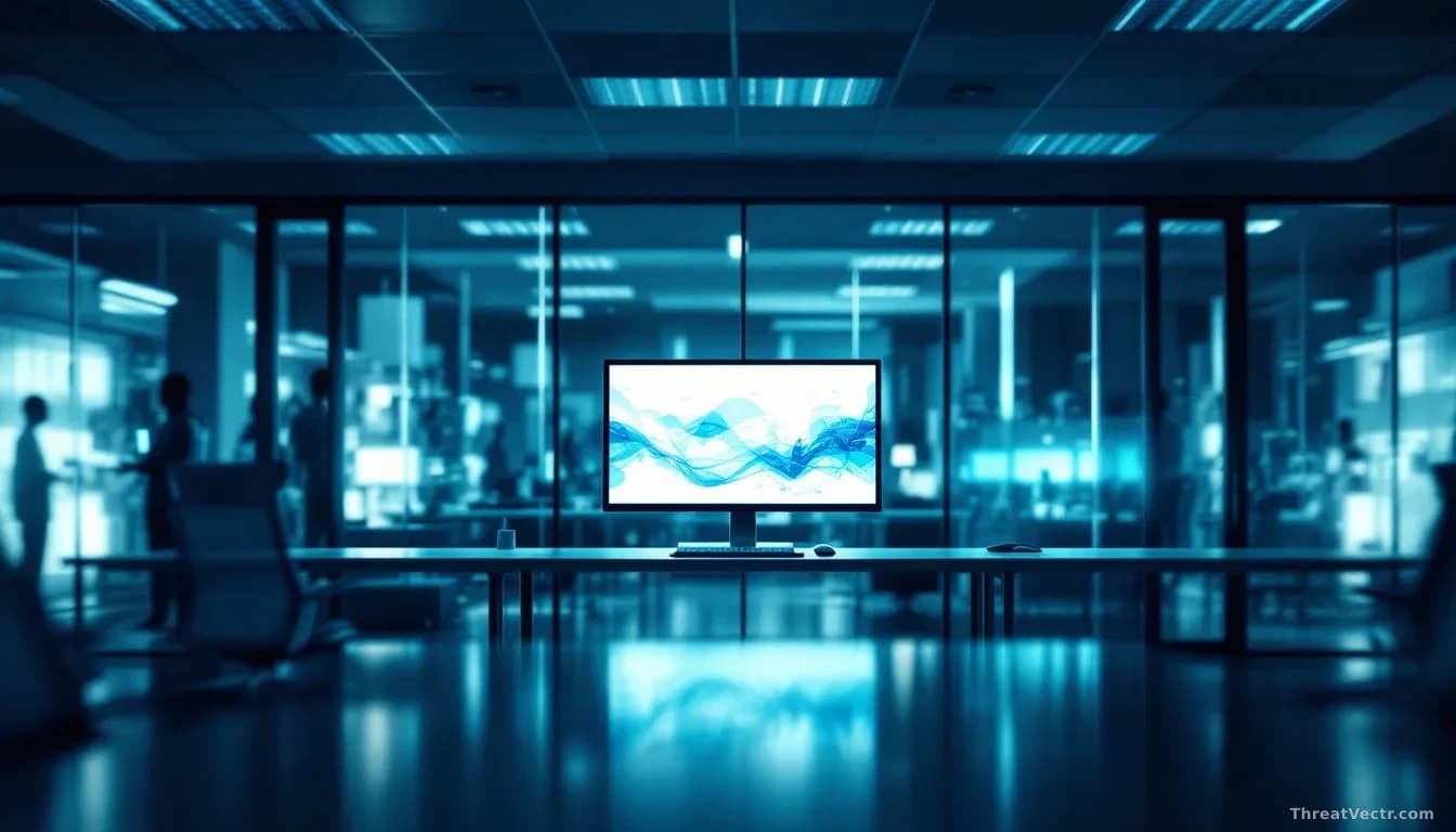 Photoreal editorial image, full-frame 16:9, of a dimly lit hospital corporate office at night with rows of empty desks, a single monitor glowing with abstract c