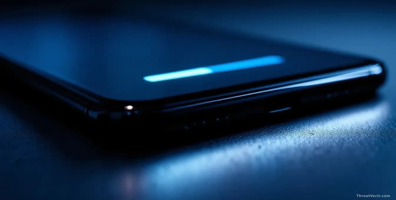 Extreme close-up of a glowing smartphone screen showing a software update progress bar, deep shadows around the device, cool blue-white light from the screen il