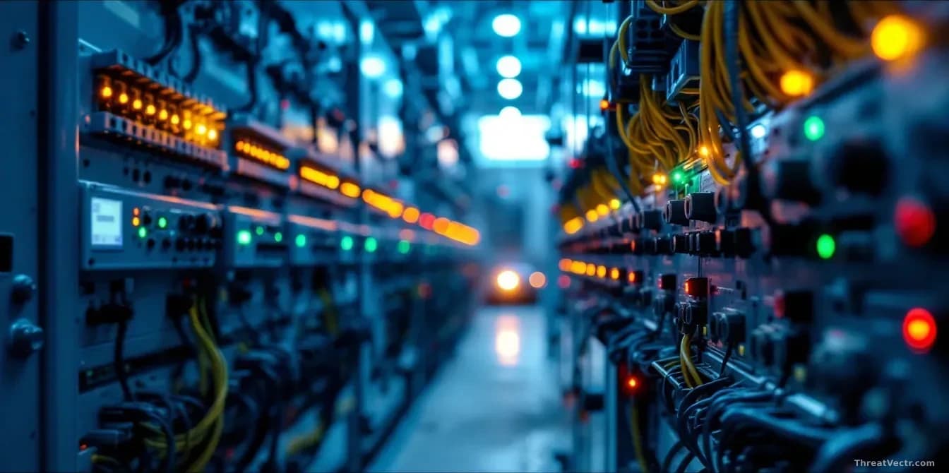 Full-frame 16:9 photoreal editorial shot of an electrical substation control cabinet at dusk, rows of protection relays with small status LEDs glowing amber and