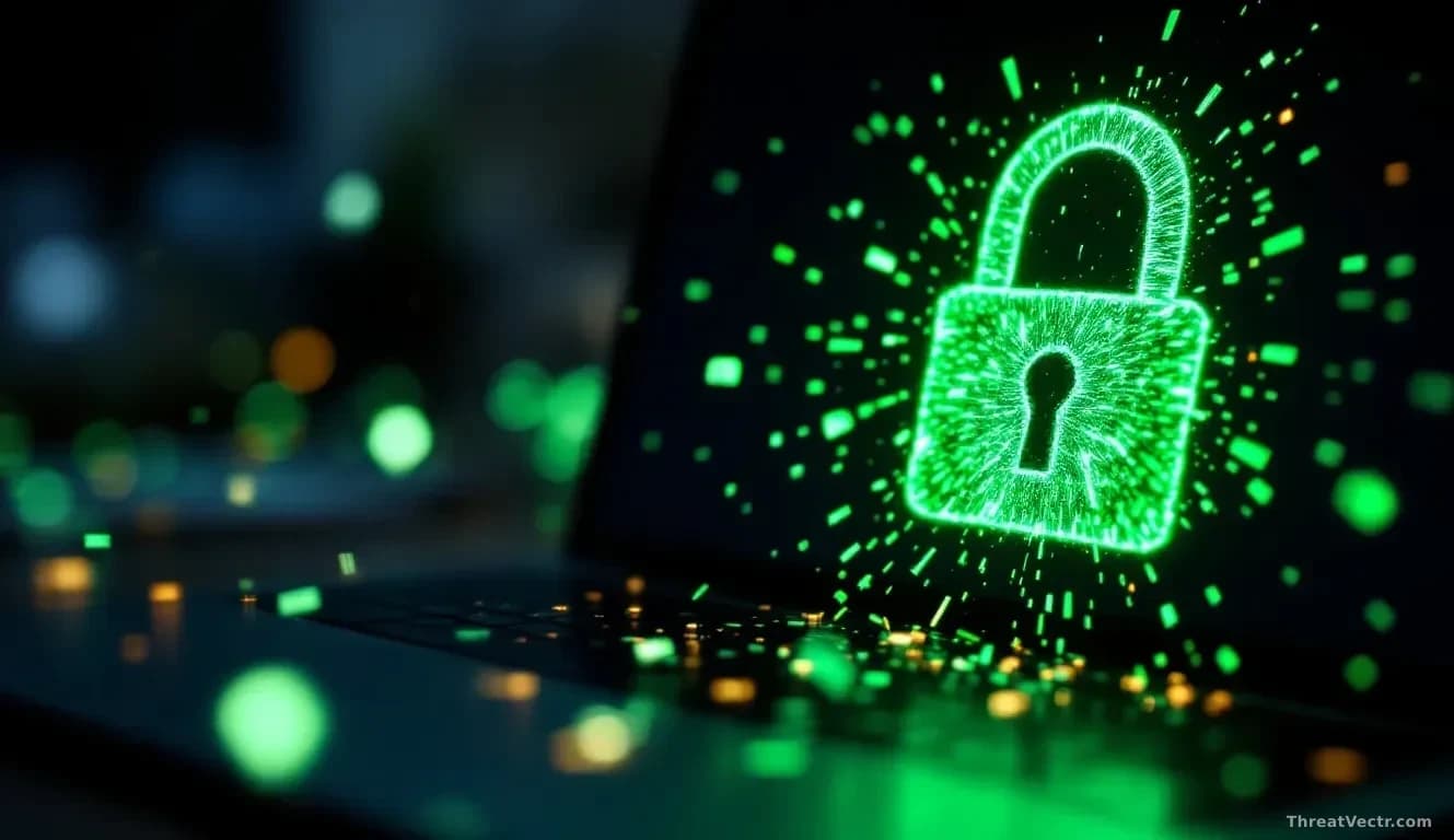 Extreme close-up of a glowing green padlock icon cracking apart on a dark laptop screen, shards of digital light scattering across a desk surface, shallow depth