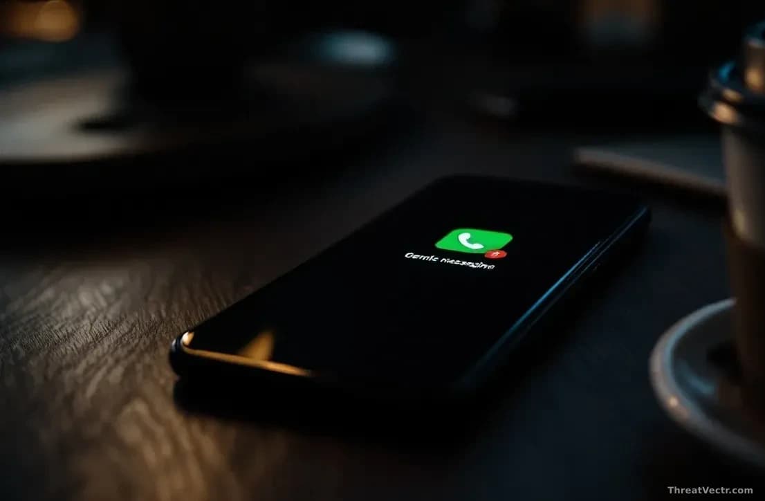 A close-up photoreal shot of a smartphone screen at night showing a generic green messaging app icon with a red notification badge, sitting on a dark wooden des