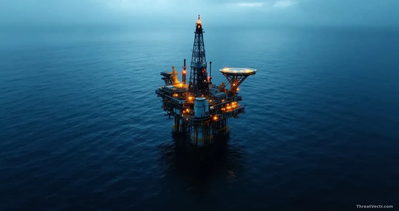Aerial 16:9 editorial photograph of an offshore oil and gas drilling platform at dusk, surrounded by calm dark ocean water, small warning lights glowing amber o