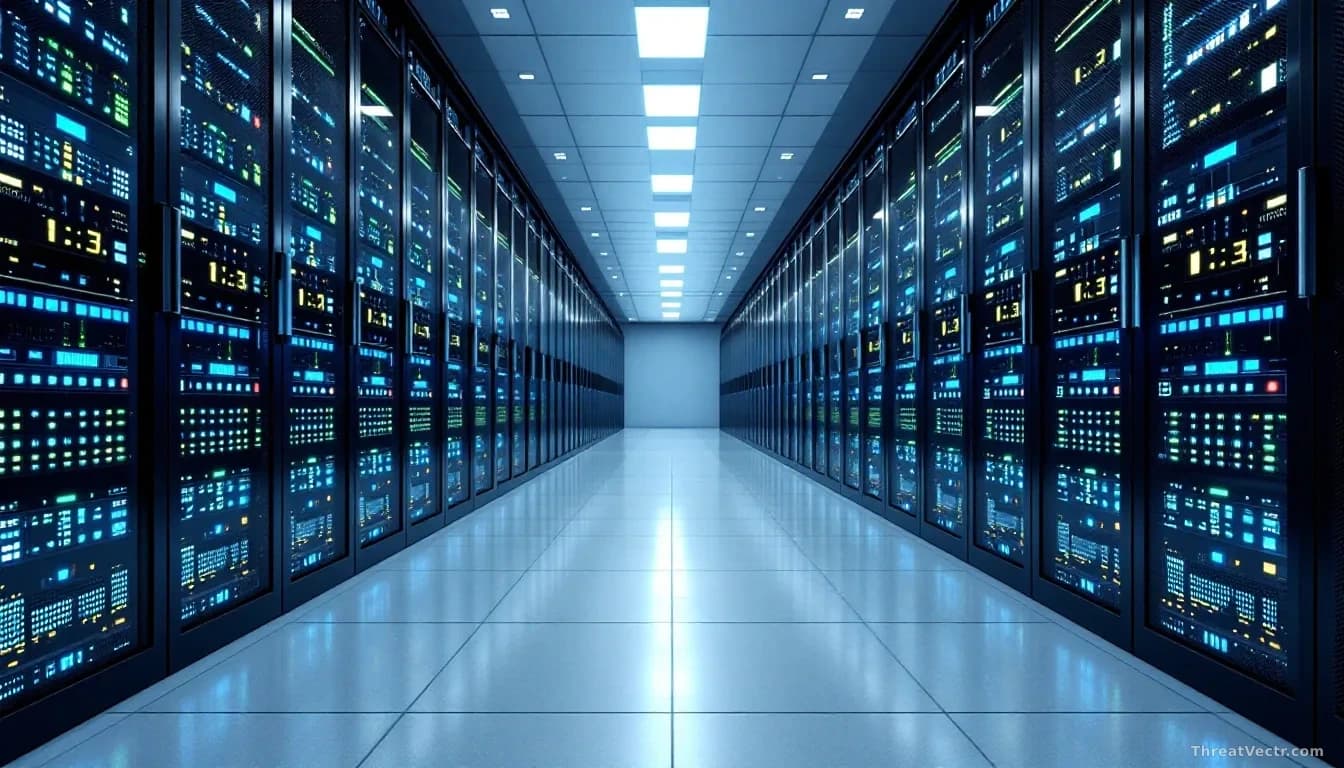 A large, modern data center with rows of servers, blue and green LED indicators, and a focus on security measures