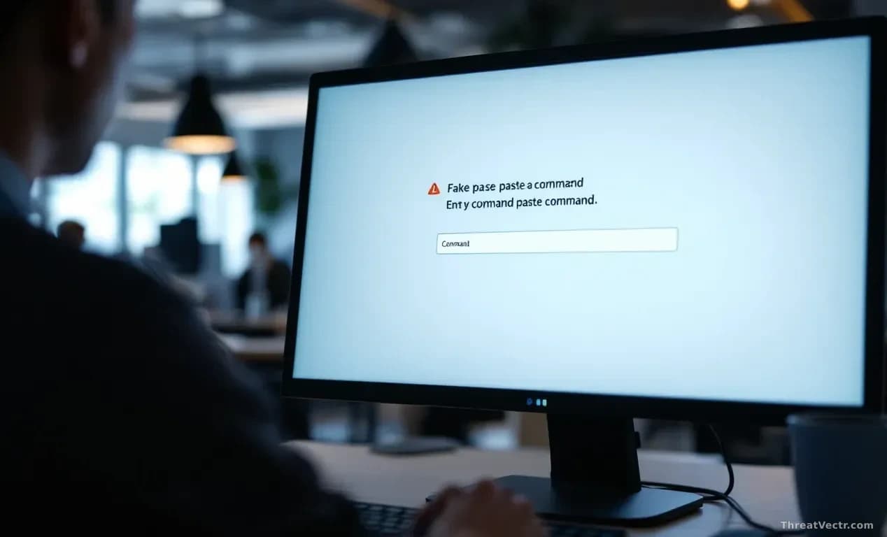 A computer screen displaying a fake error message with a prompt to paste a command, in an office environment