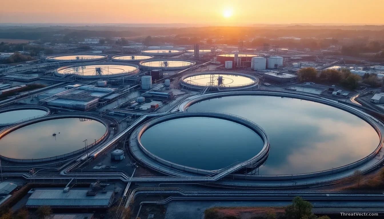 Aerial 16:9 photograph of a large municipal water treatment facility at dusk, circular sedimentation tanks reflecting fading orange sky, surrounded by industria