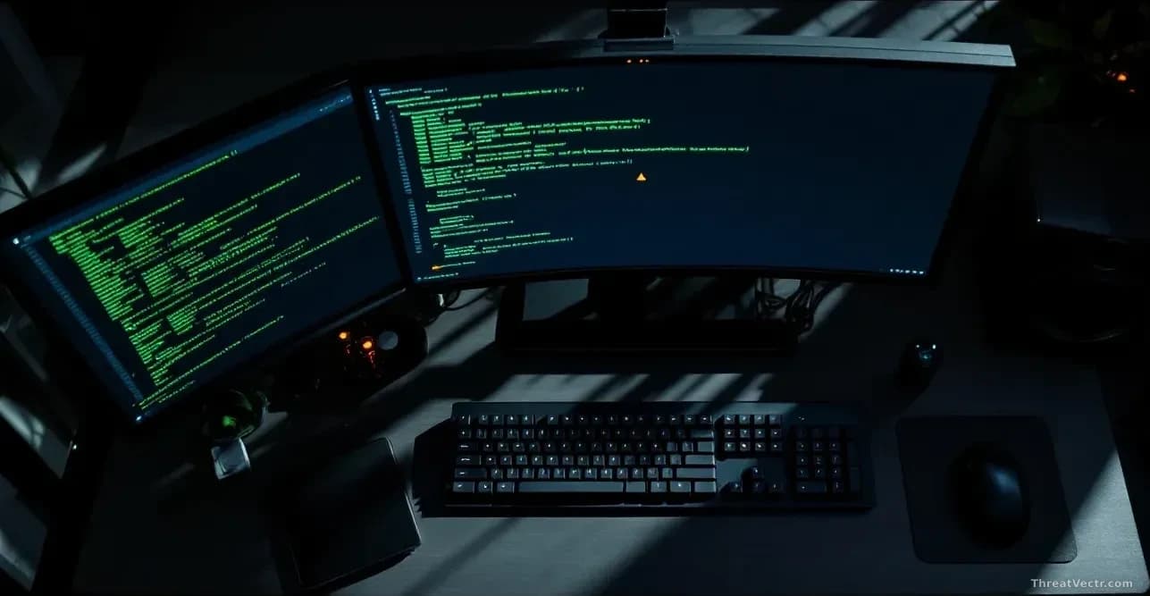 Photoreal news-editorial photograph, 16:9 framing, top-down overhead view of a modern developer workstation with a dark mechanical keyboard and a large monitor 