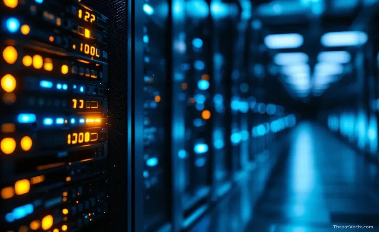 A dimly lit server room shot from floor level looking toward rows of glowing rack-mounted servers, with one server unit emitting an unusual amber warning light 