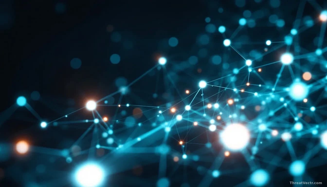 A dense web of glowing digital nodes and connecting lines in deep blue and teal, some nodes pulsing bright white to suggest automated activity, photographed fro