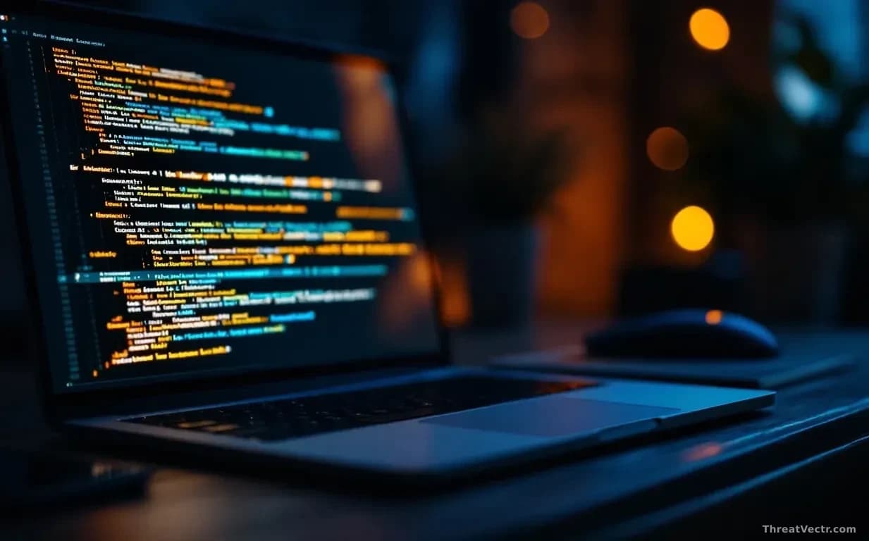 Full-frame 16:9 photoreal editorial shot of a modern silver laptop on a dark wooden desk, screen glowing with an abstract blurred password dialog box, soft cool