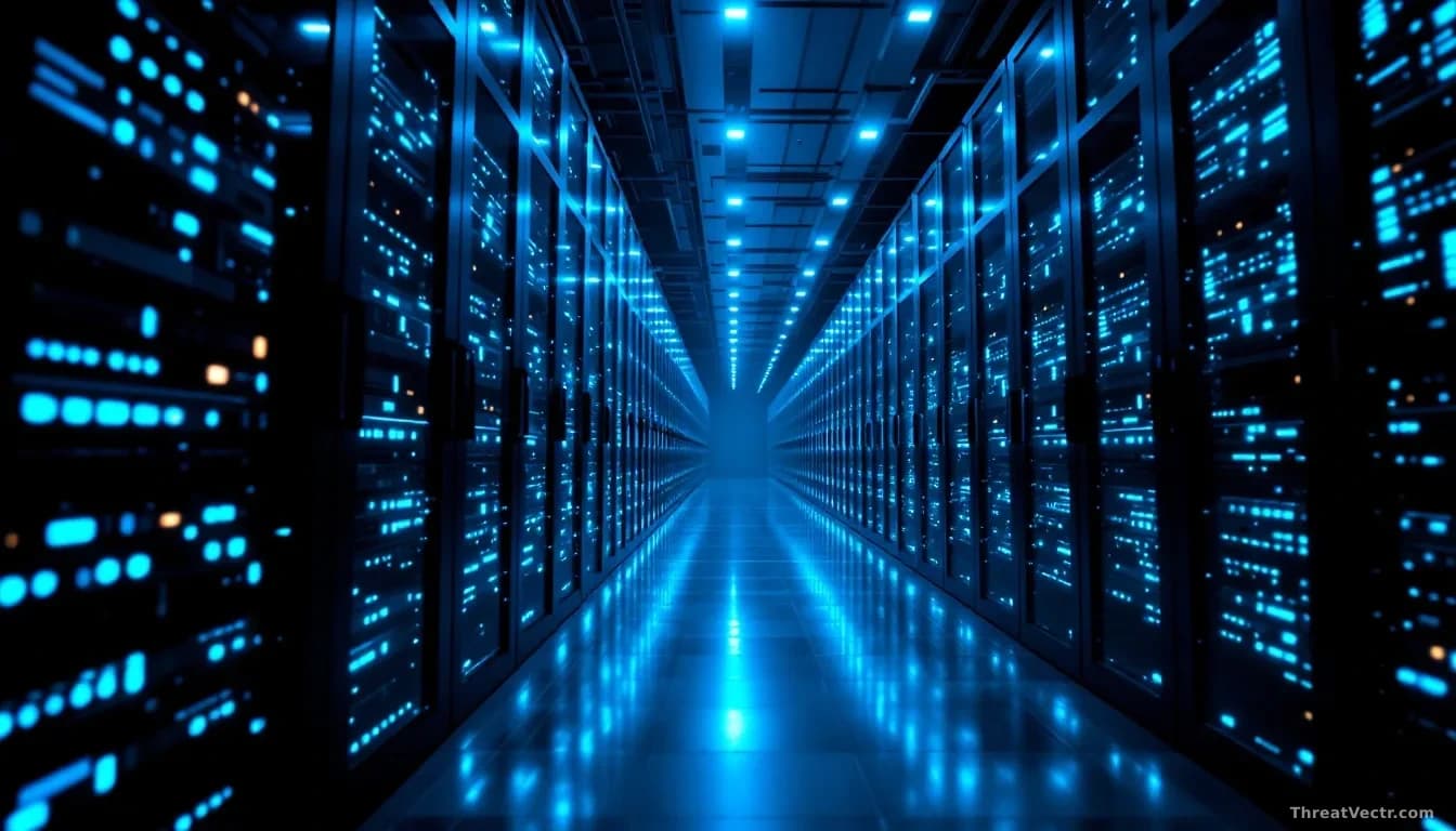 A vast, dimly lit server room filled with towering racks of blinking blue and white lights, shot from a low angle looking down a long corridor of hardware, the 