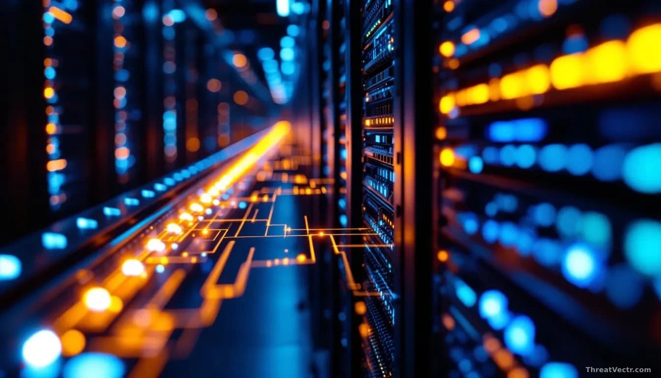 Macro view of a glowing server rack in a dark data centre, with streams of faint amber light tracing automated pathways across rows of blinking hardware, cool b