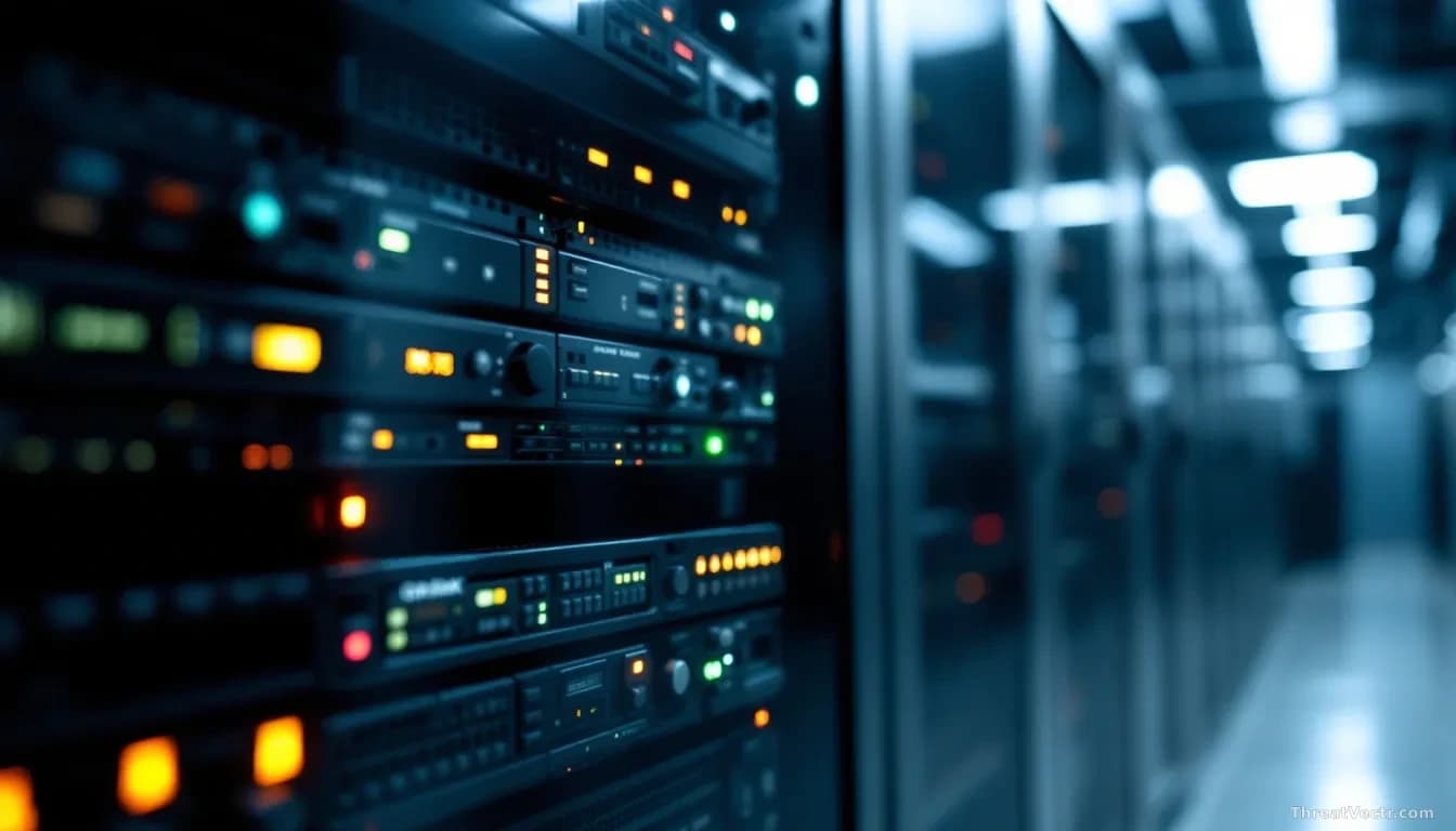A close-up of a modern data center with server racks, highlighting a Citrix NetScaler appliance in a corporate IT environment