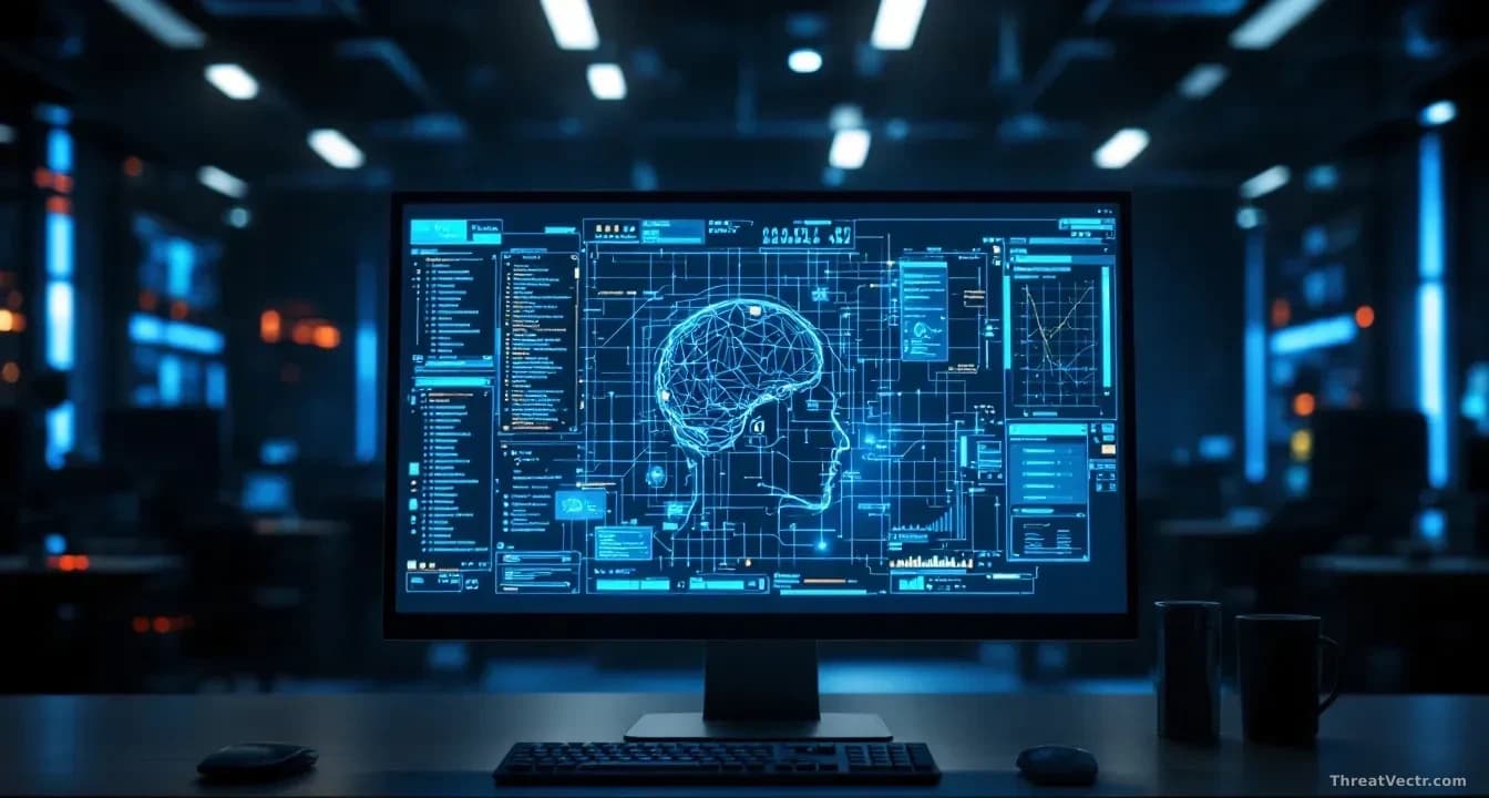 An advanced computer screen displaying a complex AI algorithm in a darkened cybersecurity operations center