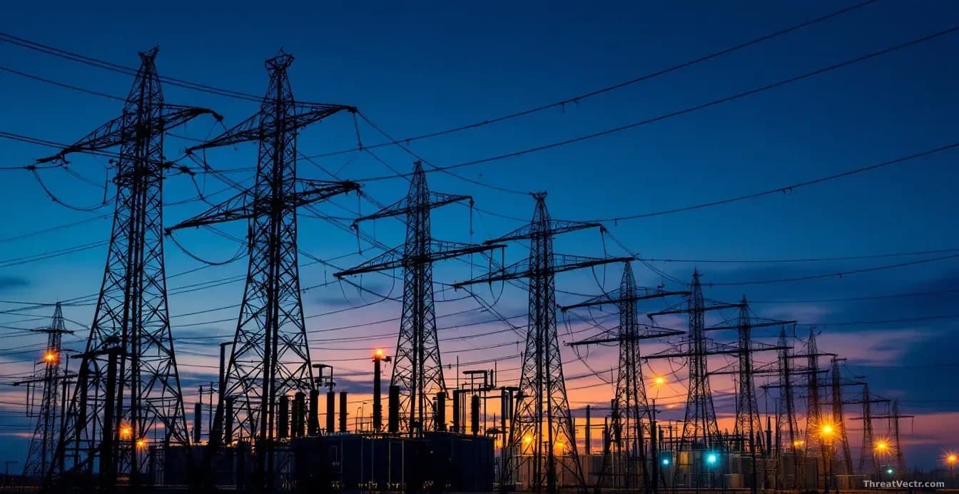 A high-voltage electricity substation at dusk, transformers and steel pylons silhouetted against a deep blue sky, faint control-room glow visible through a dist