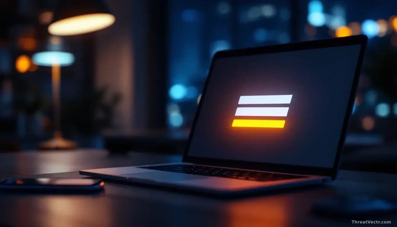 Photoreal editorial shot of a dimly lit modern office desk at night, a laptop screen glowing with a generic blurred sign-in form, a smartphone beside it showing