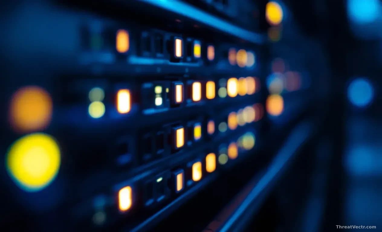 Extreme close-up of a server rack's blinking status lights in a darkened data centre, rows of ethernet cables in cool blue and amber tones, shallow depth of fie