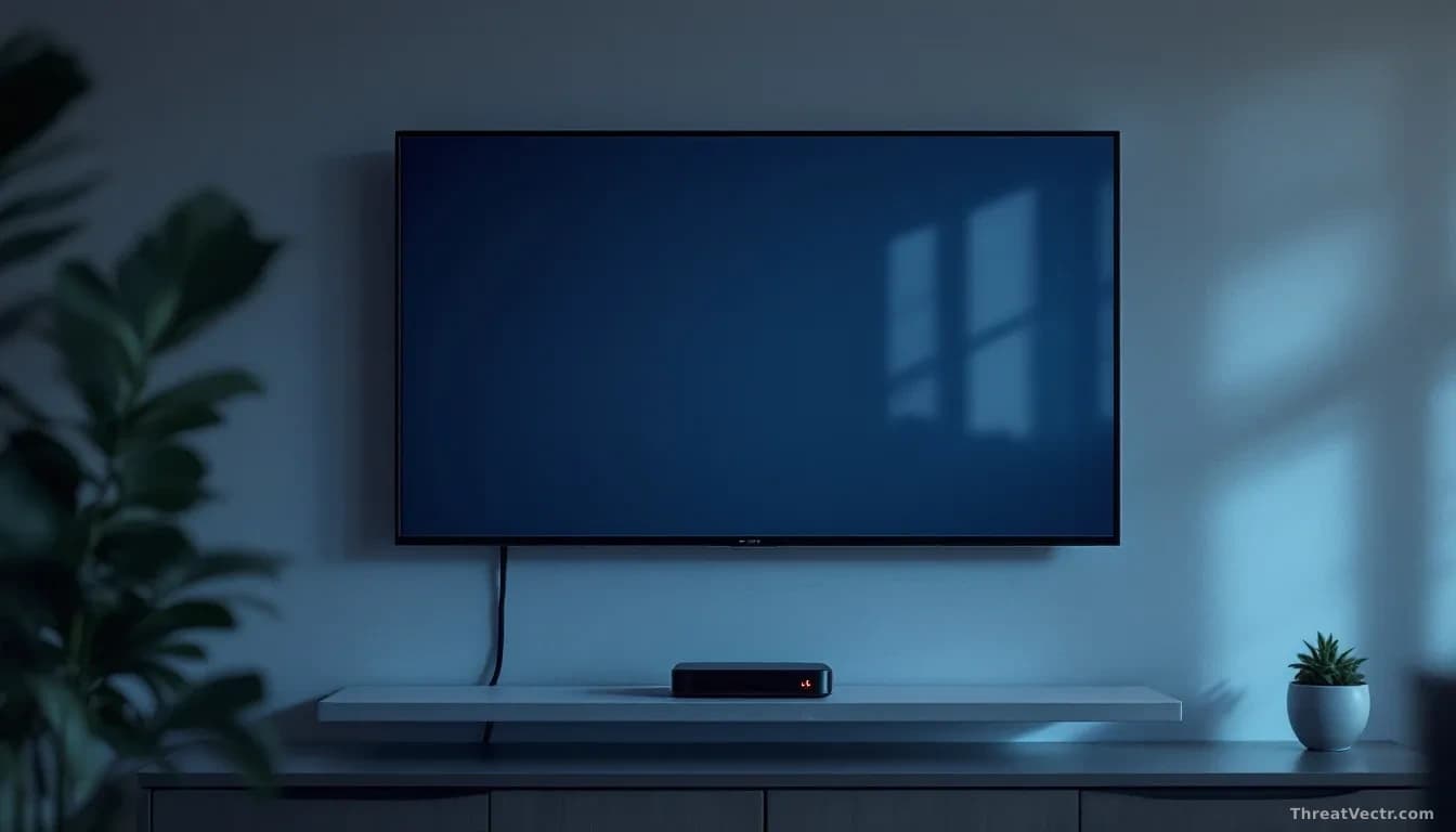 Full-frame edge-to-edge photoreal news-editorial image of a dimly lit living room with a wall-mounted smart TV glowing pale blue, a small black streaming box on