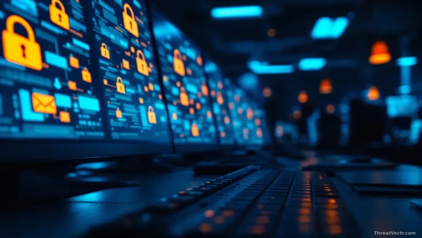 Full-frame photoreal editorial image of a dimly lit open-plan office at night, rows of monitors glowing with cascading padlock icons and encrypted file symbols,