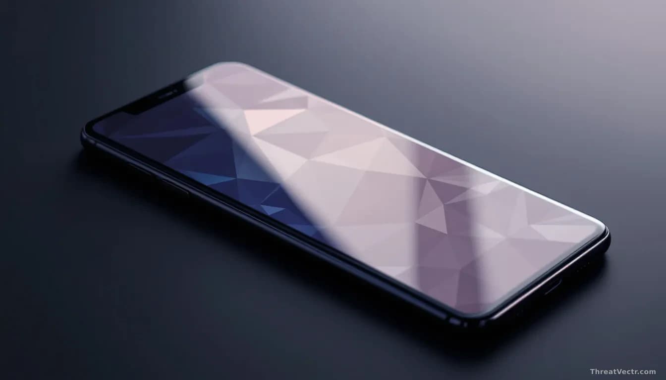 A modern high-end smartphone lying face-up on a dark matte desk, its screen glowing with a soft geometric privacy pattern that makes the display appear dark fro