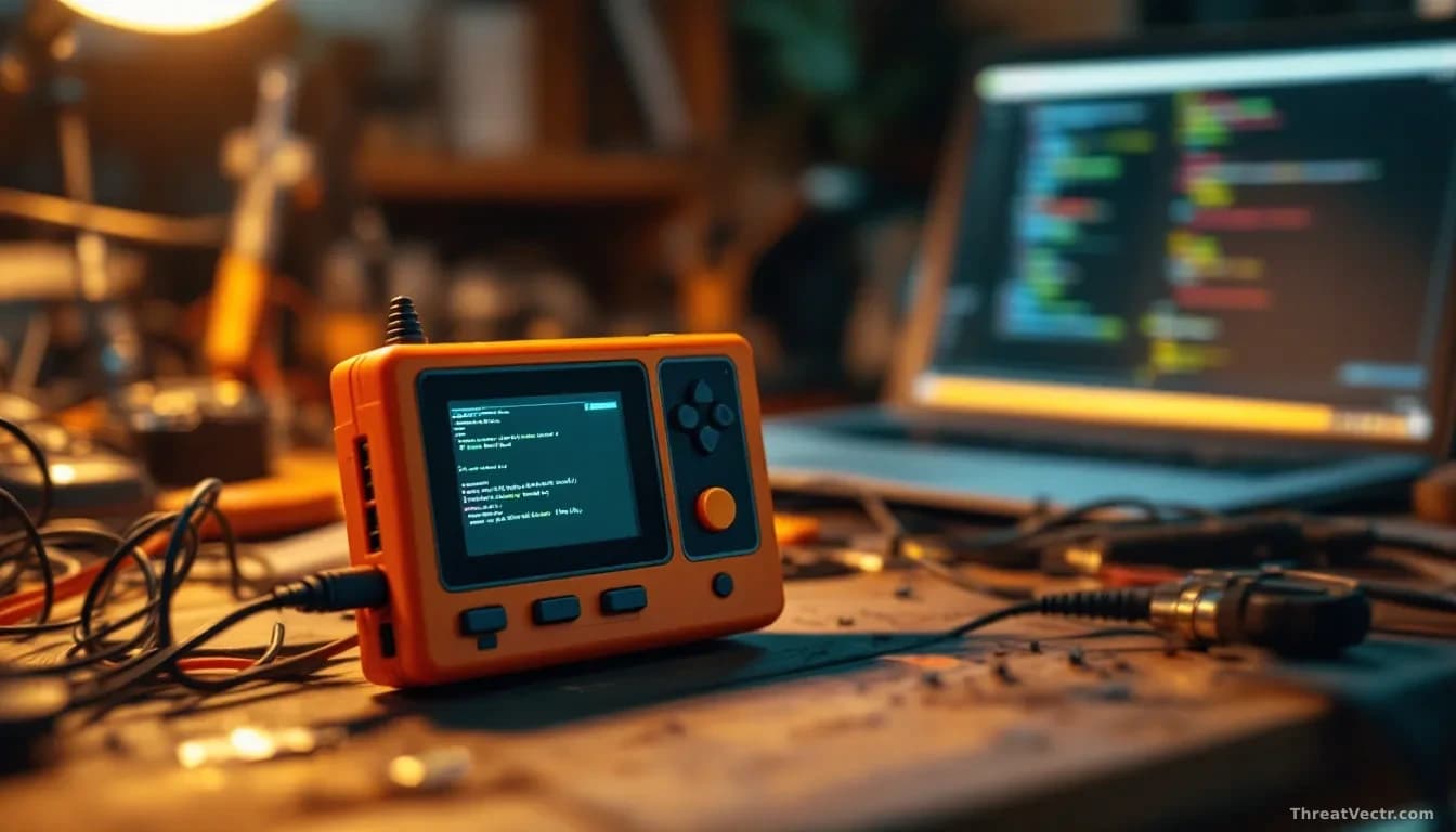 A small orange handheld electronic gadget with a monochrome screen and a directional pad sitting on a cluttered workbench, surrounded by tangled wires, a solder