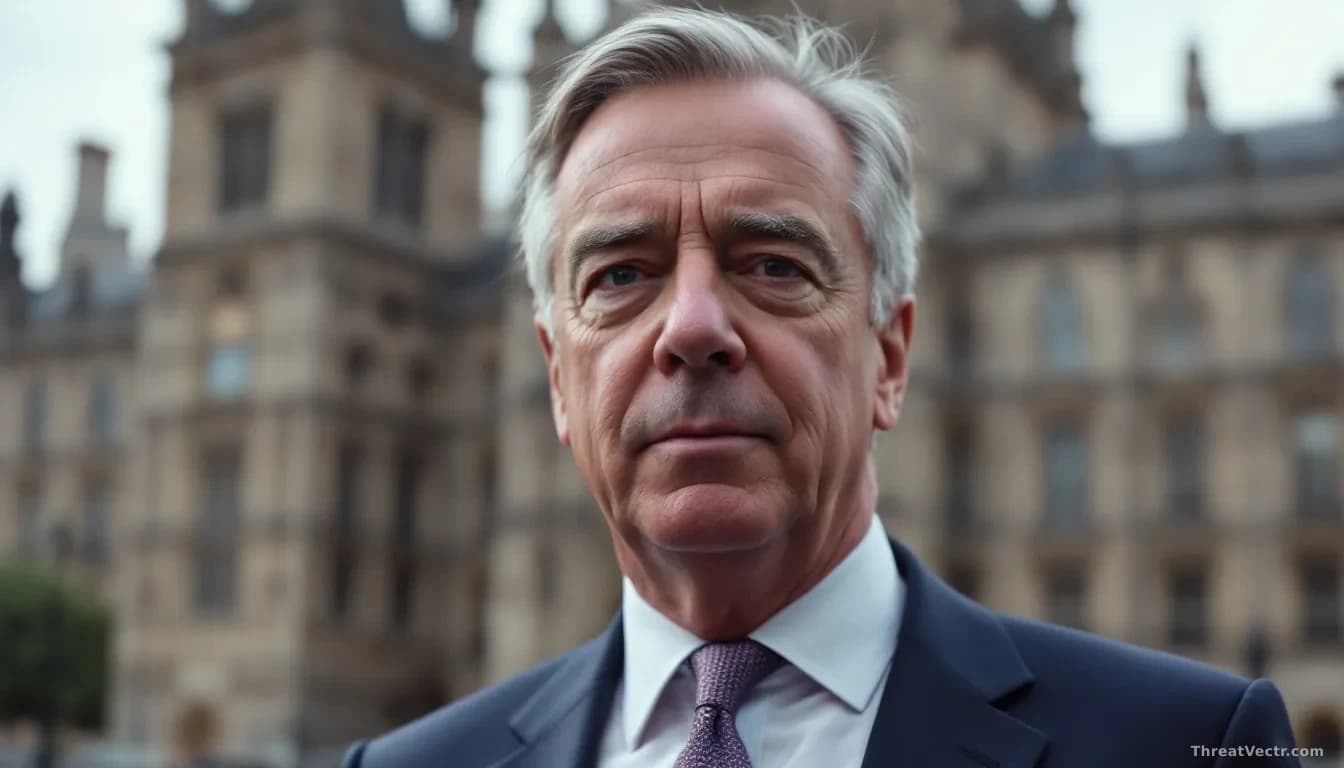 UK politician Nigel Farage at a public event, a backdrop of a UK political building