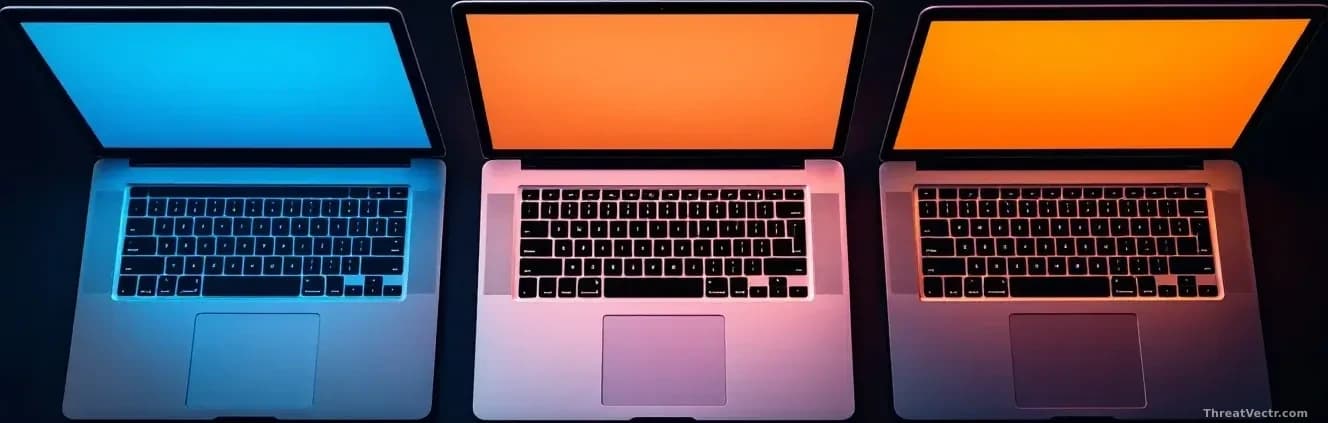 Full-frame overhead editorial photograph of three different laptops arranged side by side on a dark desk, one Windows machine, one silver macOS-style laptop, on