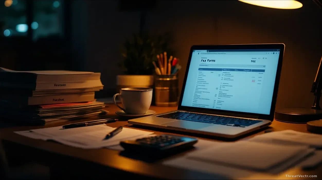 Photoreal editorial full-frame 16:9 image of a dimly lit Indian accountant's desk at night, showing an open laptop with a generic tax form on screen, a calculat