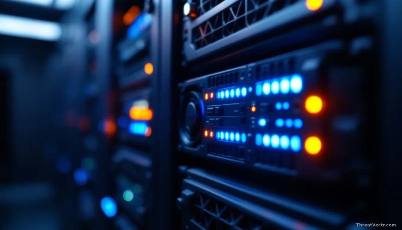 A close-up, editorial-style photograph of a rack of illuminated server hardware in a dark data centre, cooling fans visible, status LEDs casting blue and amber 