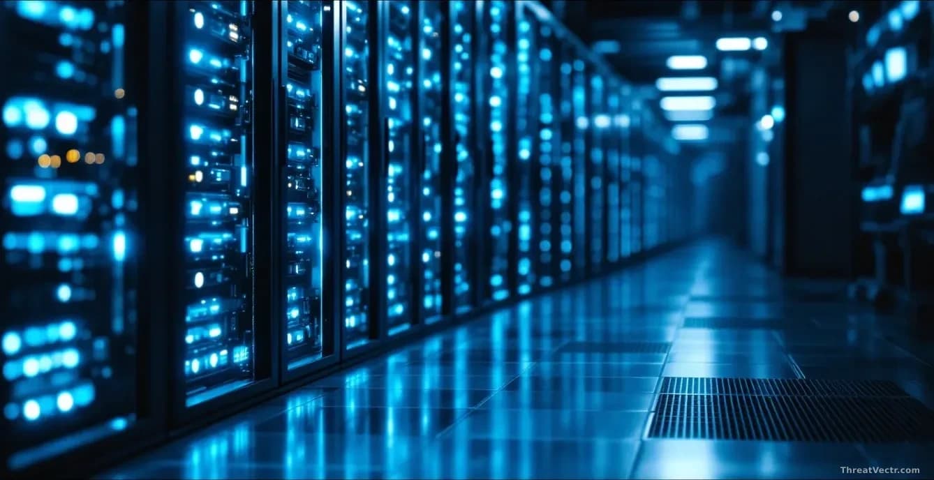 Full-frame 16:9 photoreal editorial shot of a dense server rack in a dim data centre, cool blue LEDs reflecting off polished floor tiles, one open chassis expos
