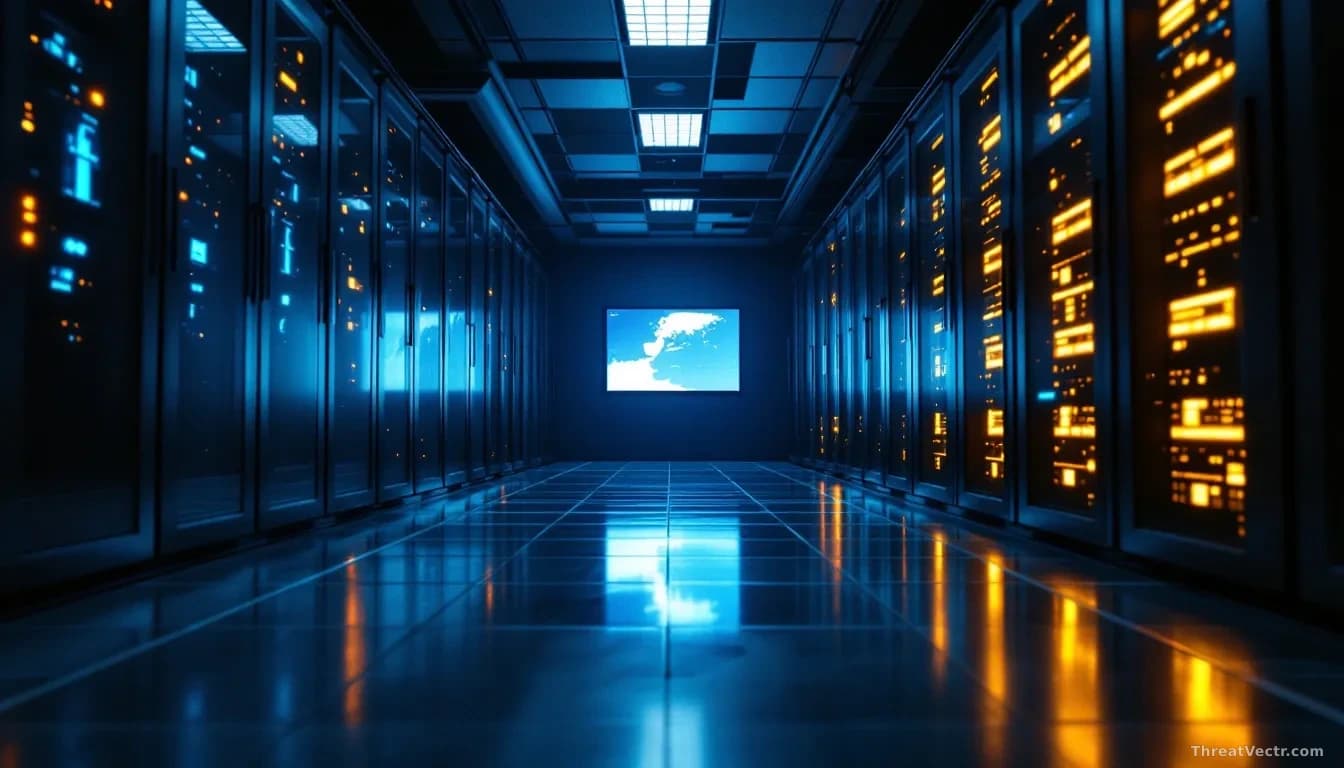 Full-frame photoreal editorial image of a dimly lit server room in an Israeli office building, blue and amber indicator lights reflecting on polished floor, a f