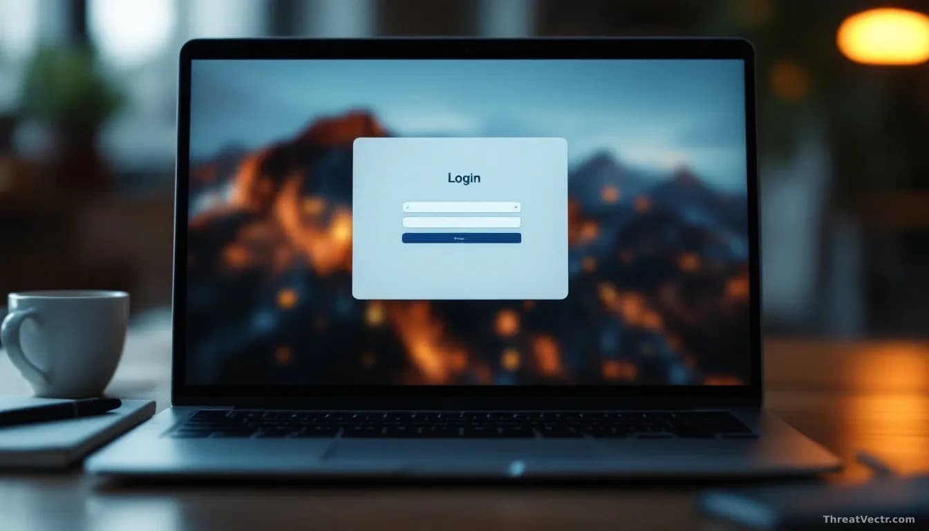 Full-frame overhead view of a laptop screen showing a blurred generic calendar-booking interface with a small login popup window in the centre, warm office ligh