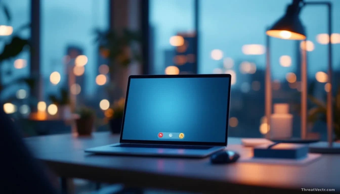 A photoreal editorial scene of a modern open-plan office desk at dusk, a laptop showing a generic video-call interface with a blurred external caller notificati