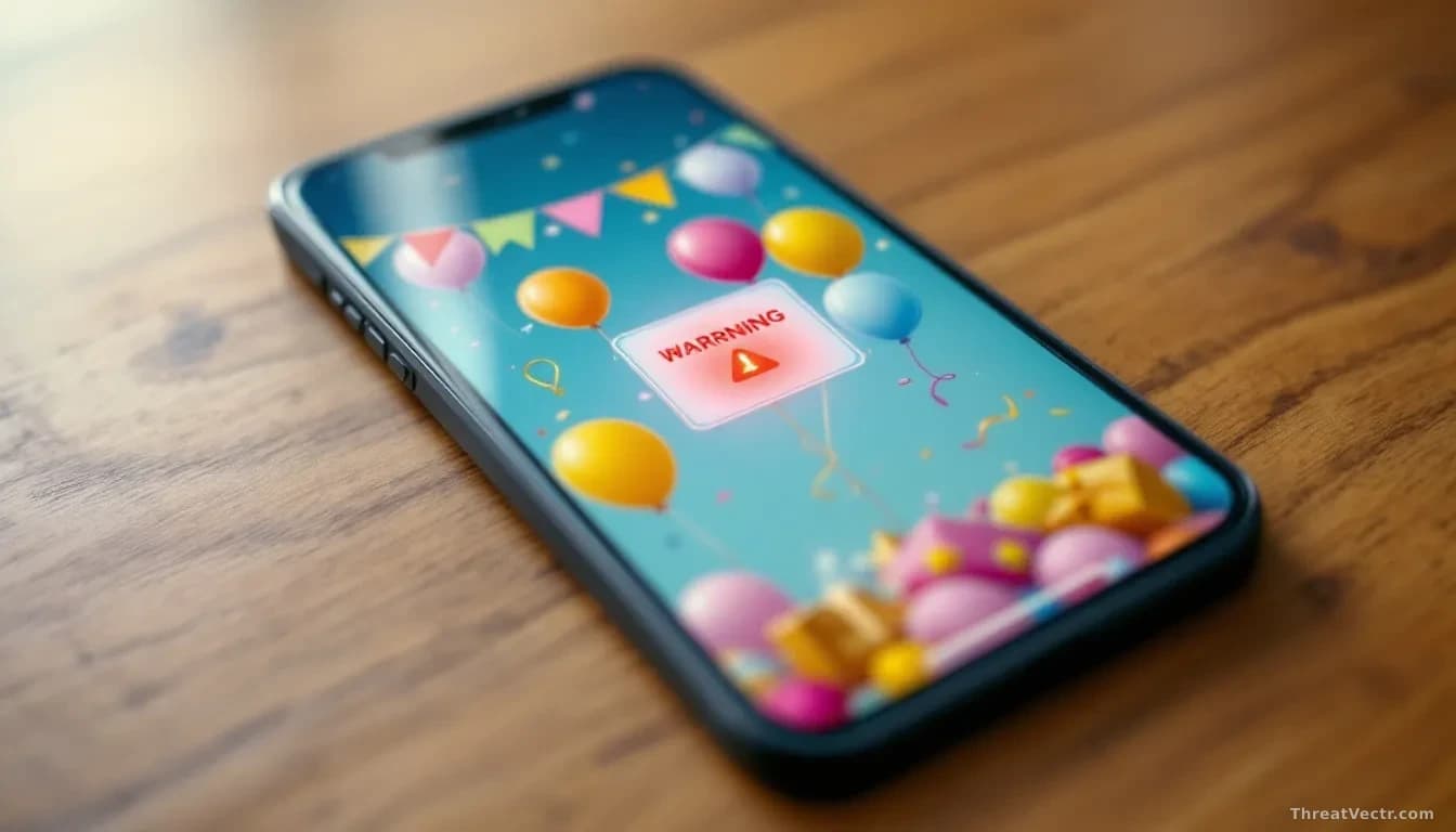 Close-up top-down view of a smartphone lying on a wooden table, its screen displaying a generic colourful digital invitation card with balloons and confetti gra