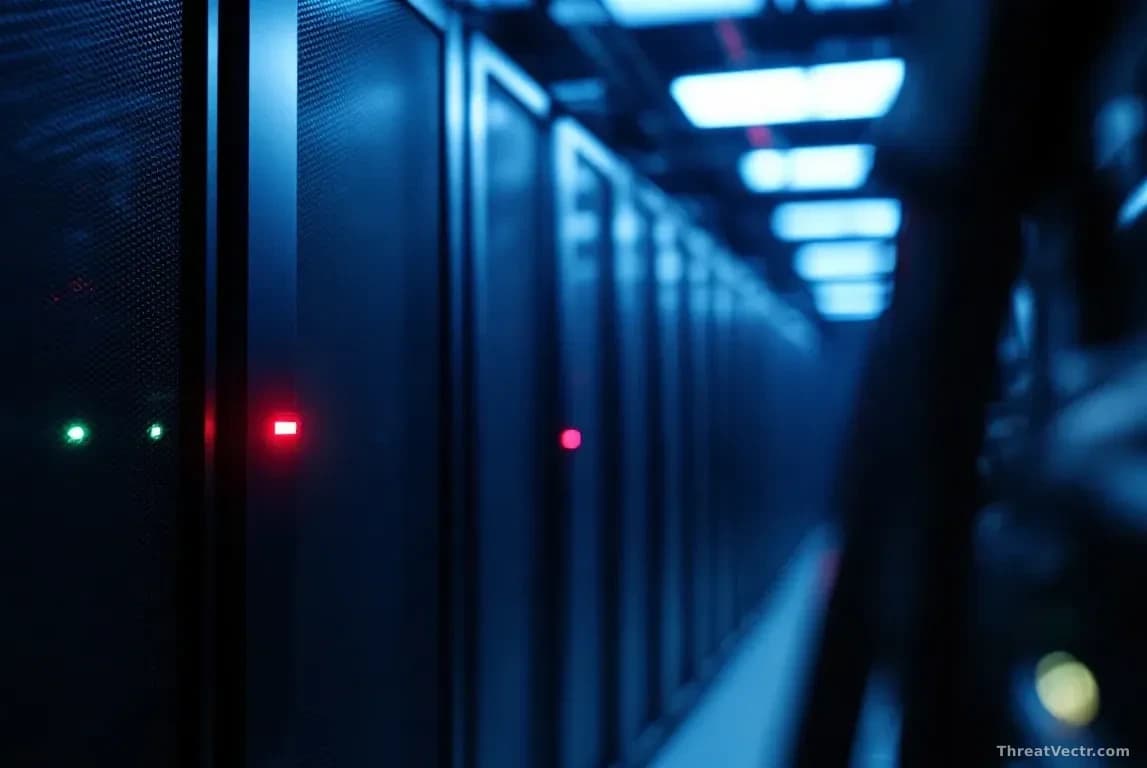 Full-frame photoreal editorial shot of a dimly lit server room with a single rack unit highlighted by a red status LED, blurred network cables in the foreground