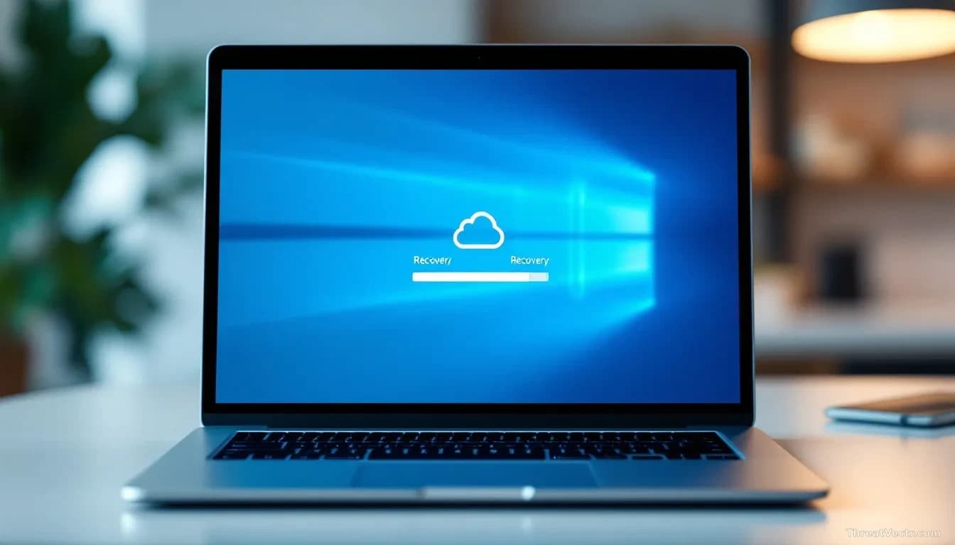 Full-frame edge-to-edge photoreal news-editorial shot of a modern laptop on a clean desk, screen showing an abstract blue Windows-style recovery interface with 