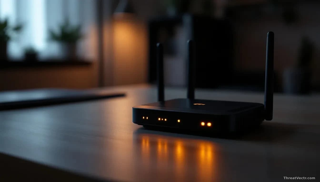 Full-frame photoreal editorial shot of a small black consumer Wi-Fi router on a plain desk, indicator lights glowing amber, softly lit from one side, moody shad