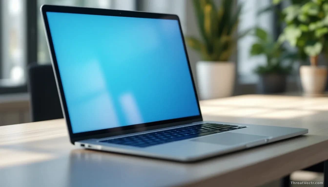 Photoreal editorial shot of a modern business laptop open on a clean office desk, screen showing a soft blue abstract Windows-style desktop with no text or logo