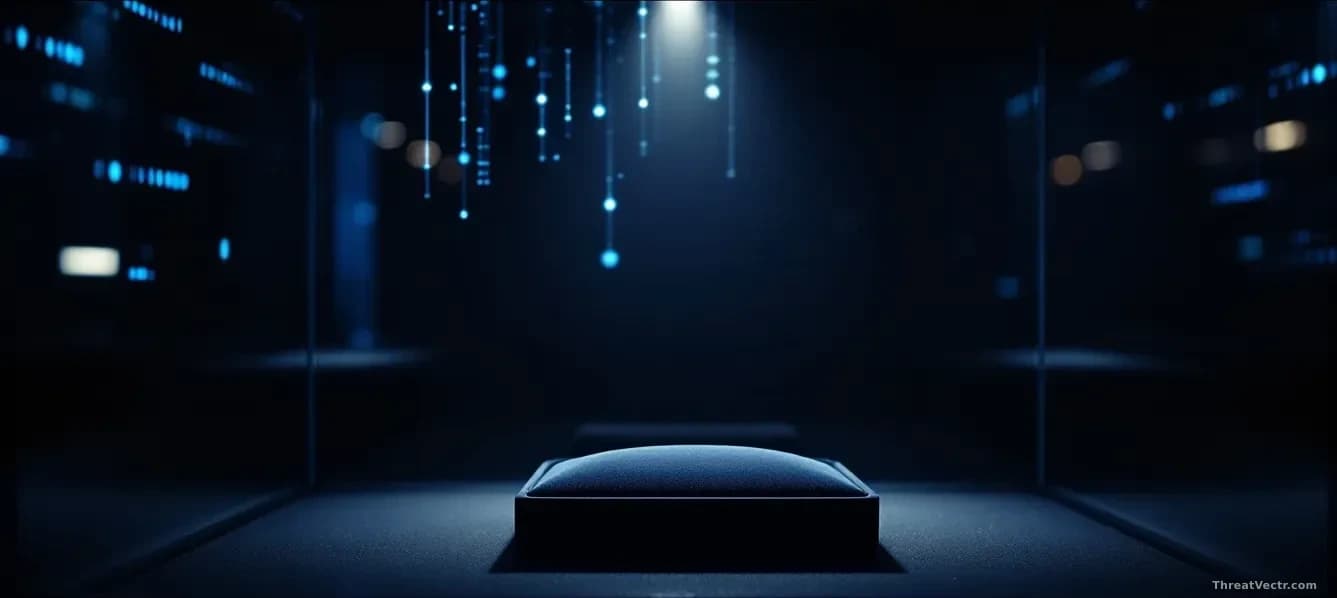 Full-frame edge-to-edge photoreal editorial image of a darkened luxury jewelry display case at night, glass reflecting faint blue digital patterns suggesting ne