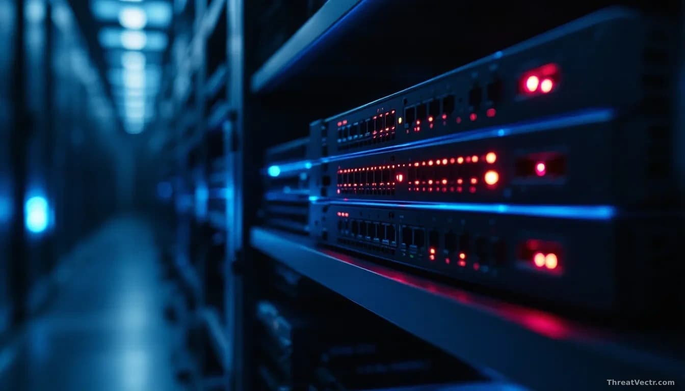 Full-frame edge-to-edge photoreal news-editorial image of a stack of small office routers with blinking status lights on a dark server-room shelf, faint blue an