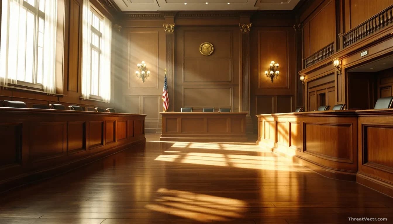 A polished oak courtroom interior shot from a low angle looking toward an empty defendant's table, morning light cutting through tall windows and casting long s