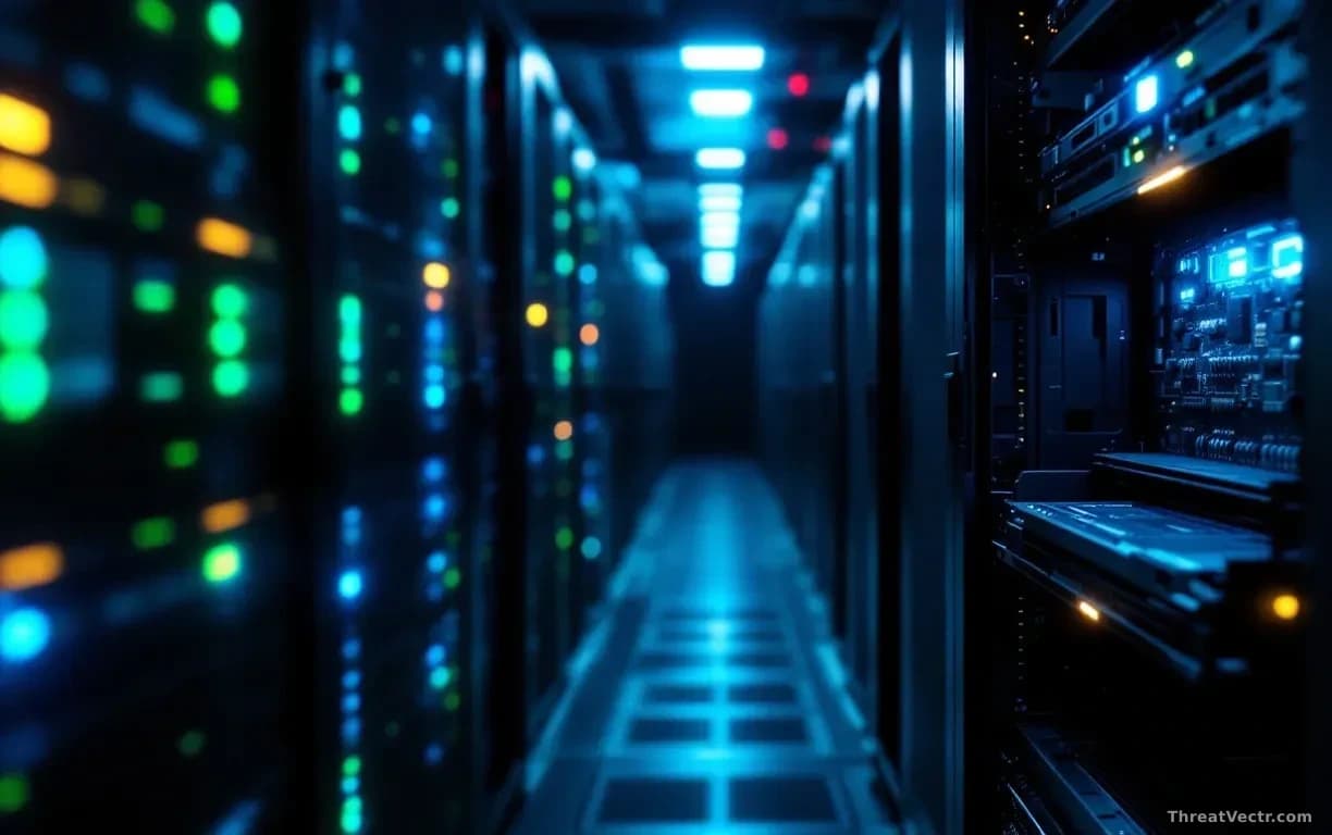 Full-frame close-up of a dark server room aisle, rows of black rack-mounted machines with faint green and amber status LEDs, one open server tray showing a bare