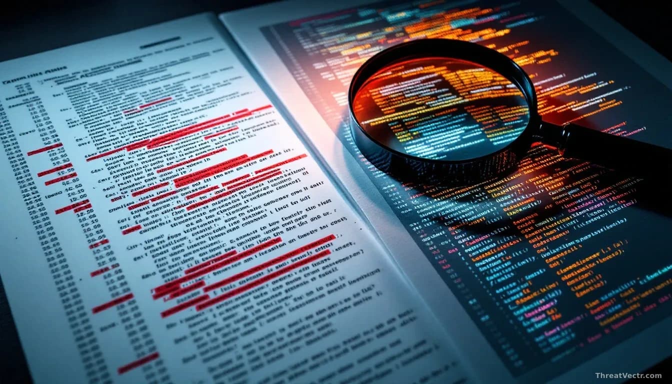 A close-up, sharply lit photograph of two printed pages lying side by side on a dark desk, one page covered in dense text and tables with several entries circle