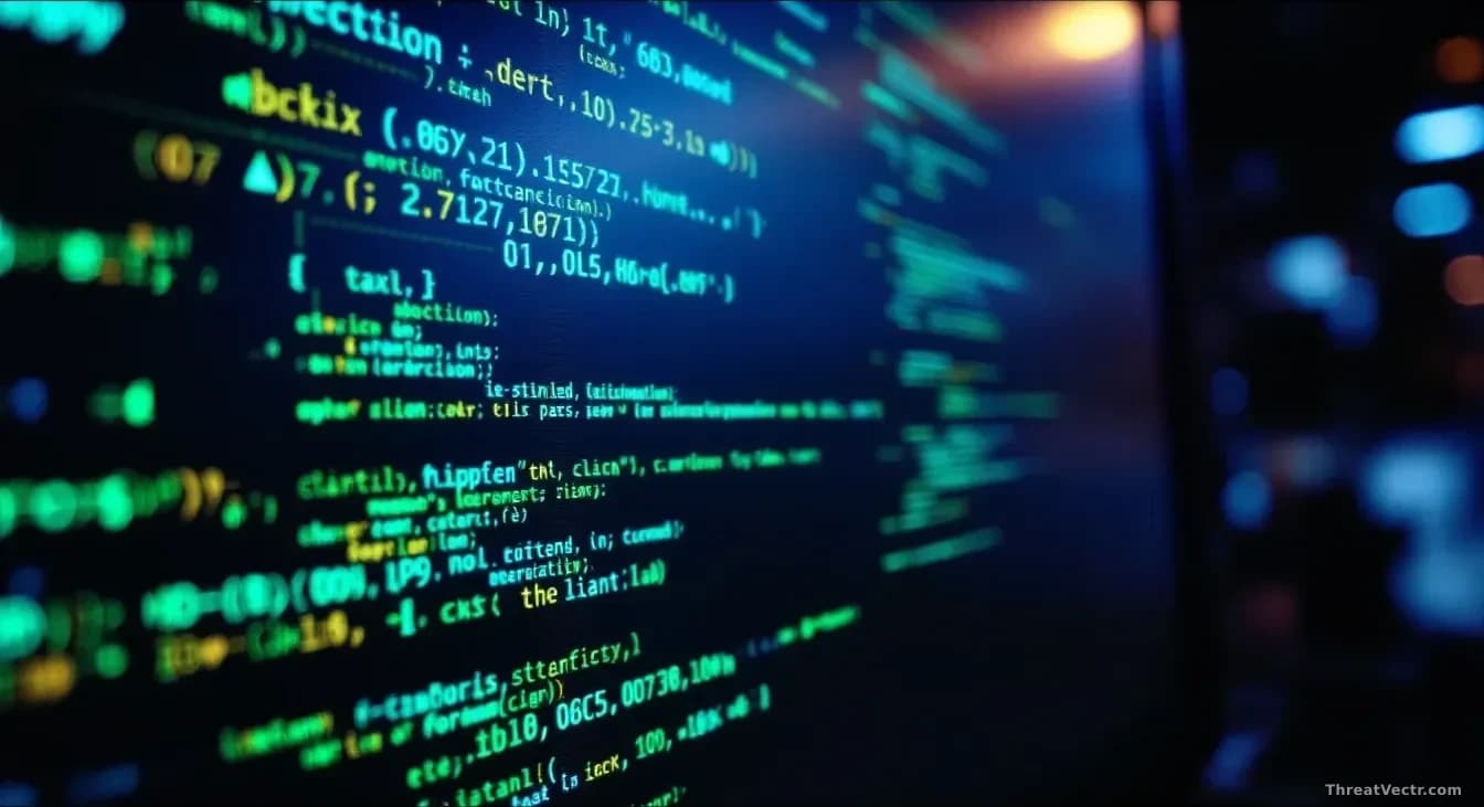 Full-frame photoreal editorial image of a developer workstation at night, two nearly identical strings of hexadecimal characters glowing softly on a dark monito