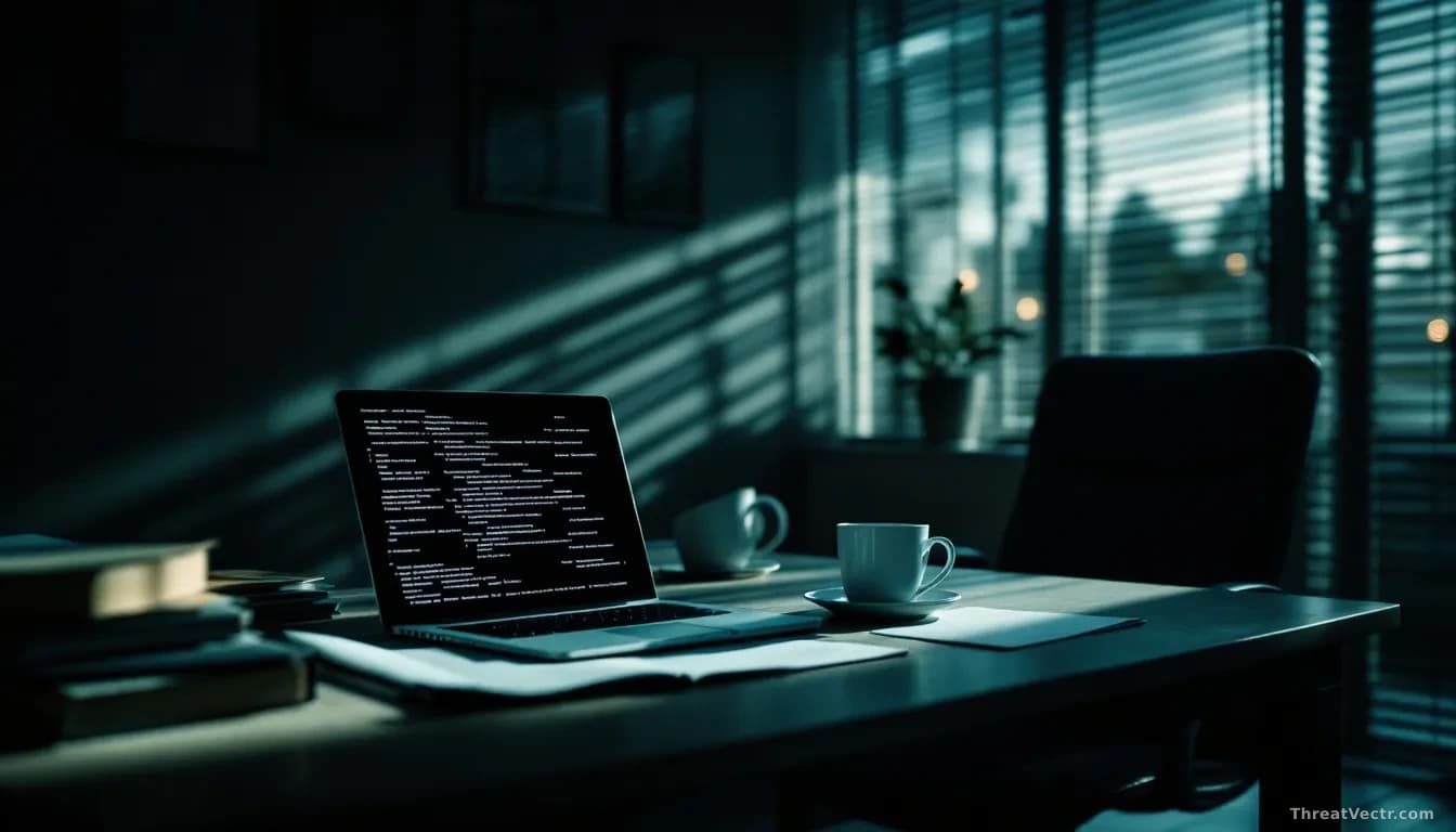 A shadowed office desk in a nondescript suburban business park at dusk, photoreal news-editorial style, full-frame edge-to-edge composition, 16:9