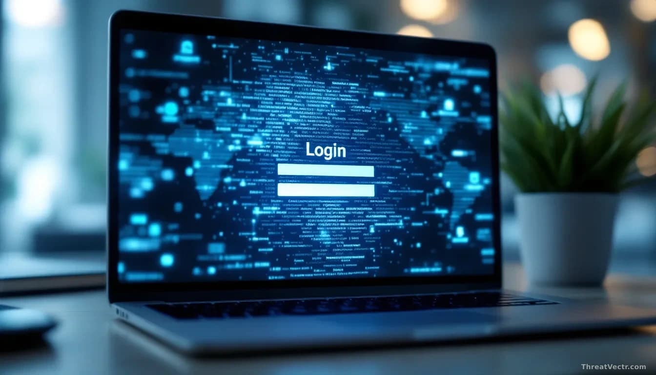 A close-up photoreal shot of a laptop screen showing a blurred generic corporate login form, with a faint ghostly overlay of scrambled characters resolving into