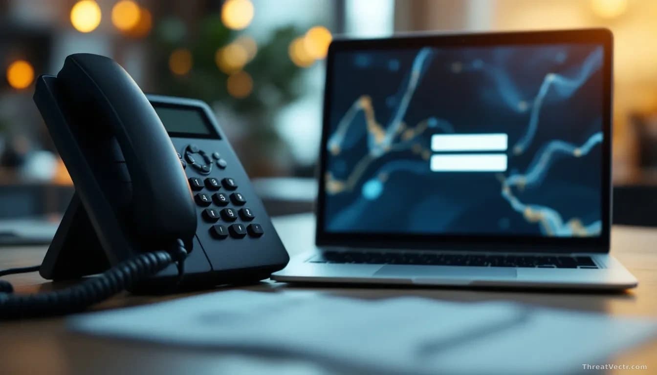 Photoreal news-editorial shot of an anonymous desk phone ringing next to a laptop showing a generic blurred corporate login screen, warm office lighting, shallo