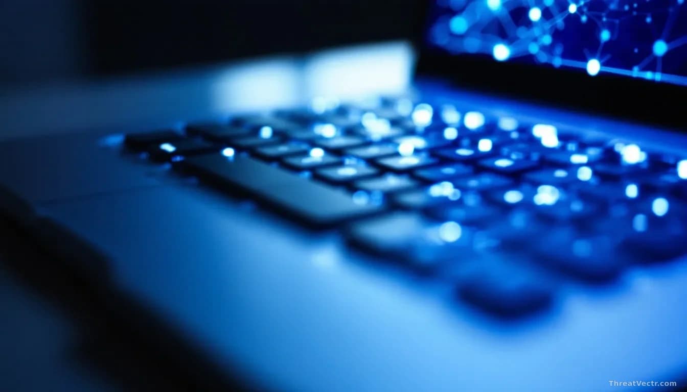 Close-up top-down view of a sleek laptop keyboard with a shallow depth of field, the screen faintly glowing blue-white with an abstract grid of hexagonal shapes